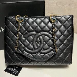 Chanel GST Black Caviar Quilted Shoulder Bag with Gold Accents w box